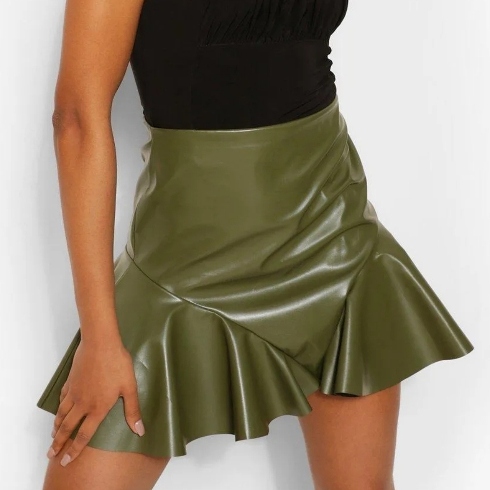 Olive Army Green Flared Women's Faux Leather Skirt